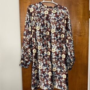 Floral Brown Long-Sleeve Shift Dress